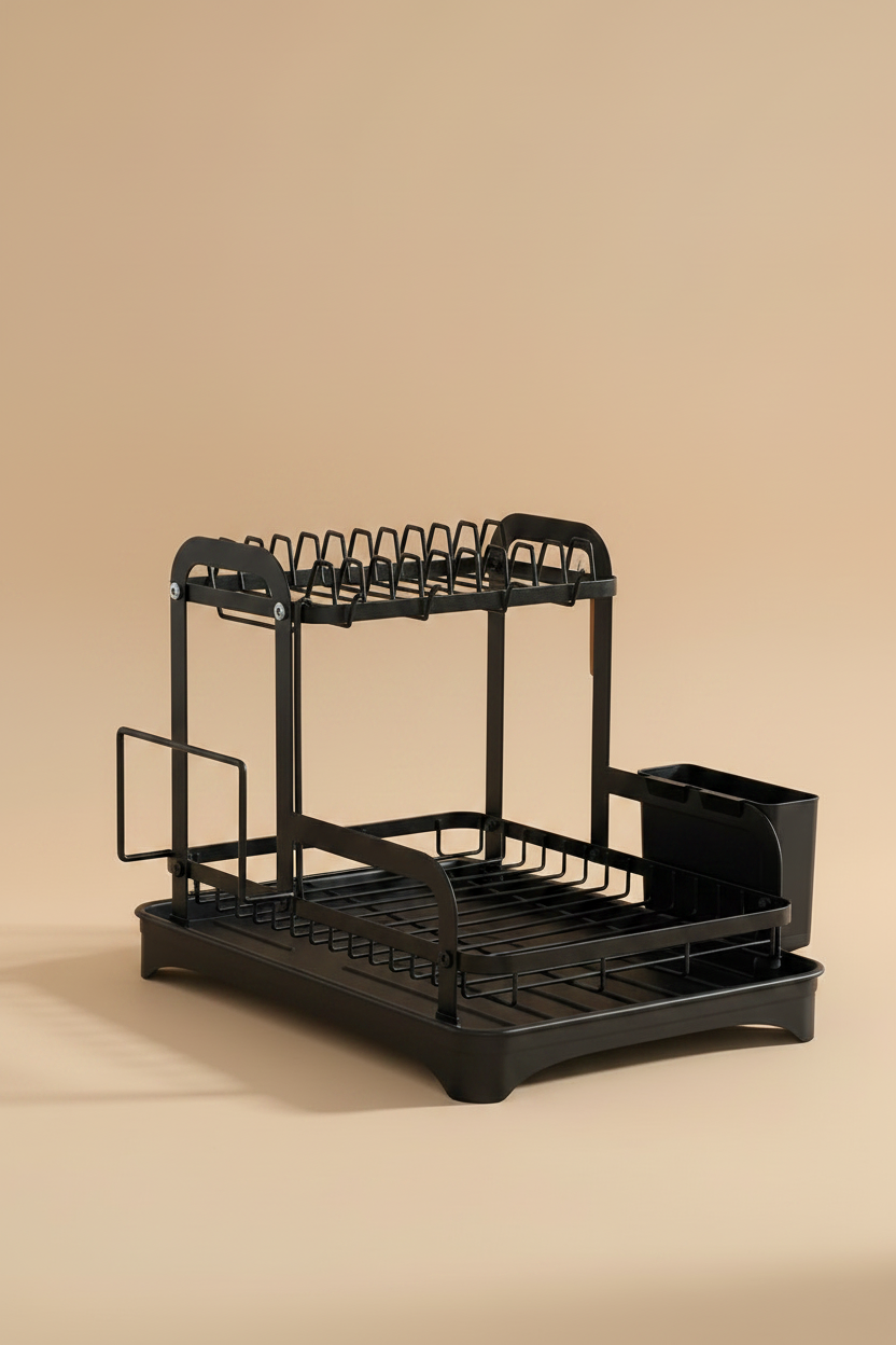 2-Tier Dish Drying Rack — Empty, Sandy Beige