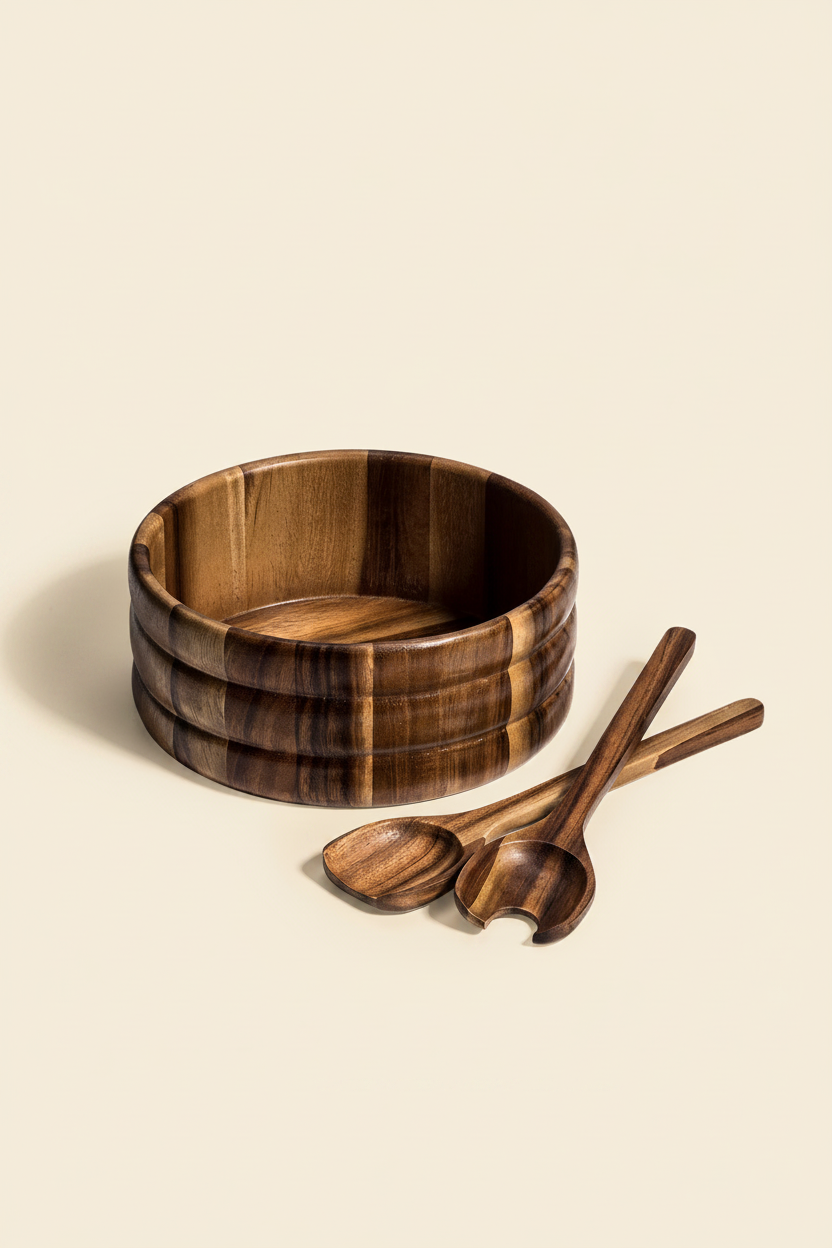 Acacia Wood Salad Bowl with Servers — Beige Editorial