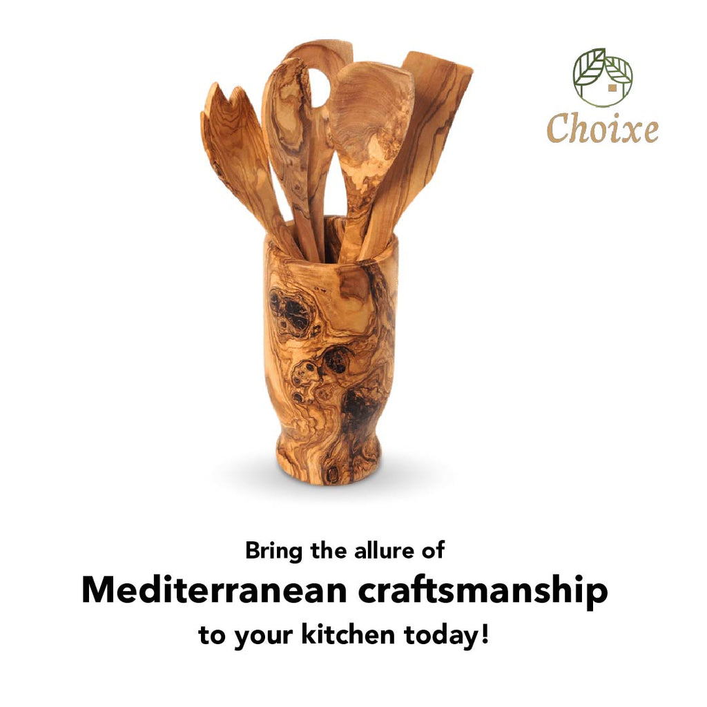 Olive Wood Kitchen Servers Set w/ Holder -6 Pcs