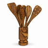 Olive Wood Kitchen Servers Set w/ Holder -6 Pcs
