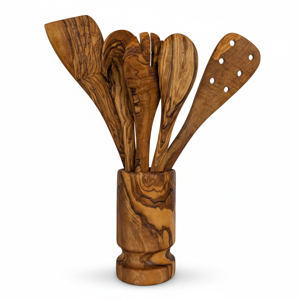Olive Wood Kitchen Servers Set w/ Holder -6 Pcs