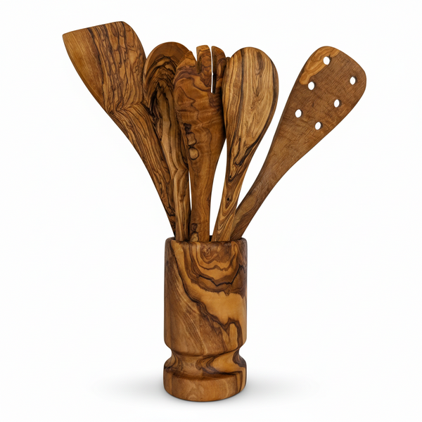 Olive Wood Kitchen Servers Set w/ Holder -6 Pcs