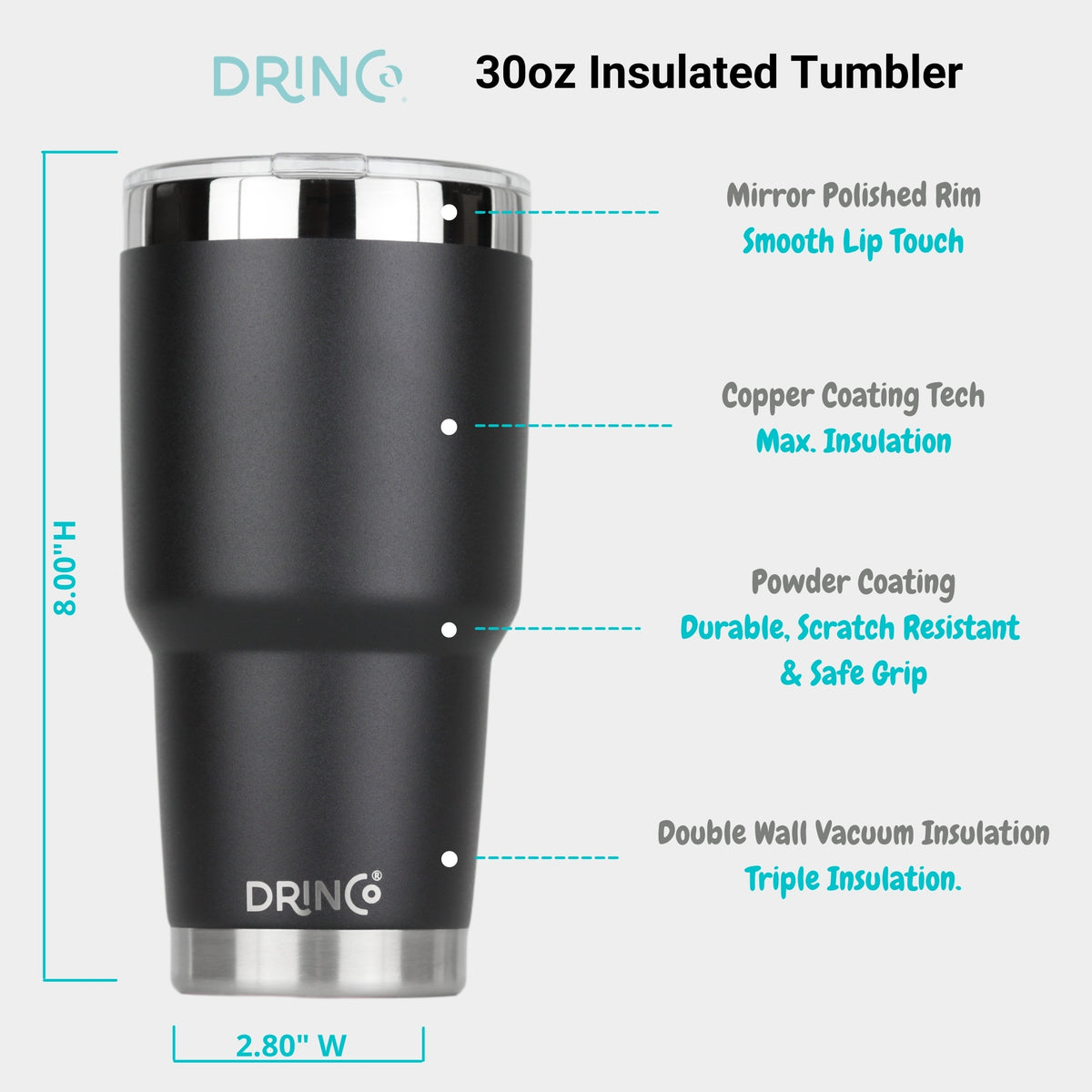 DRINCO® 30oz Insulated Tumbler | Spill Proof Lid w/2 Straws (Black)