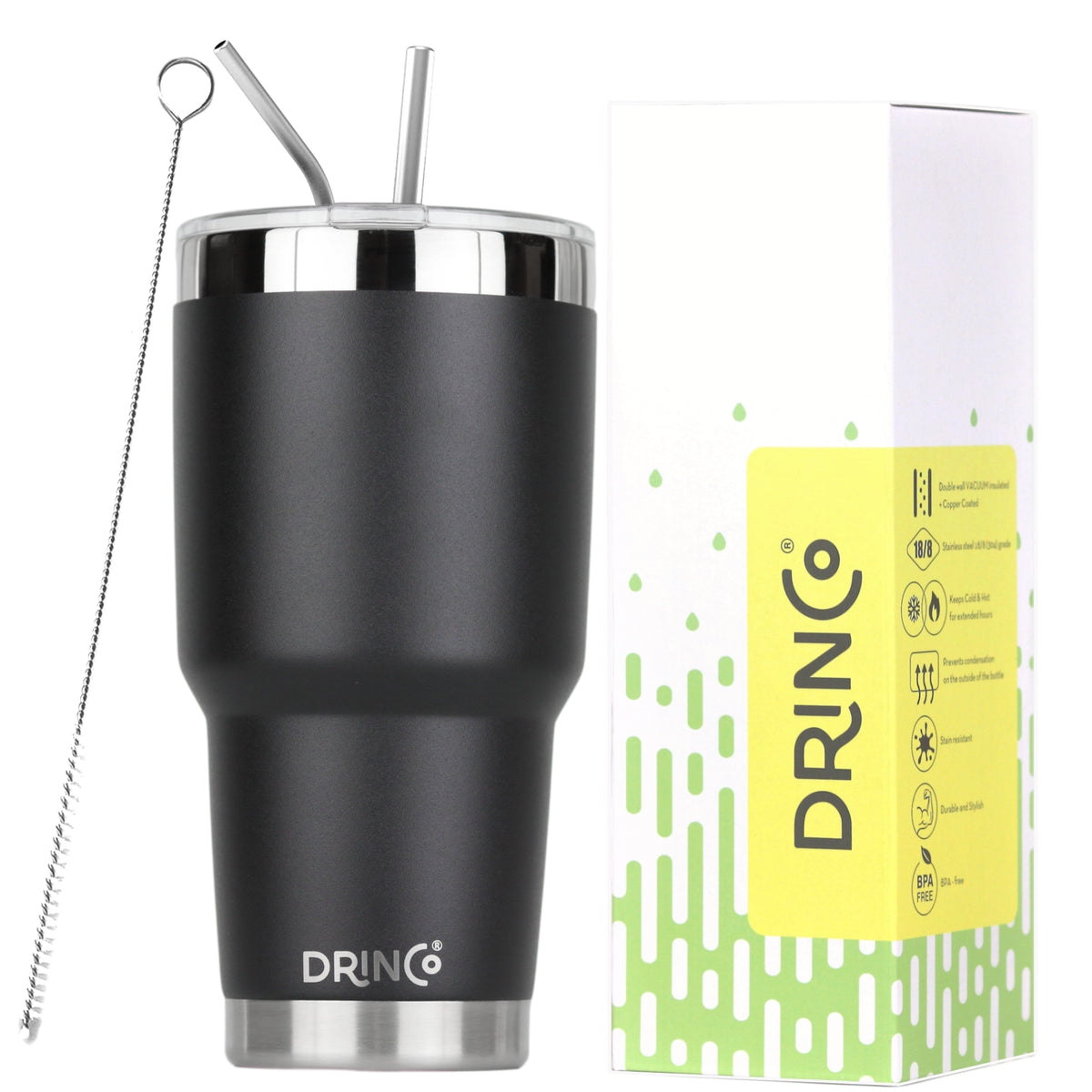 DRINCO® 30oz Insulated Tumbler | Spill Proof Lid w/2 Straws (Black)