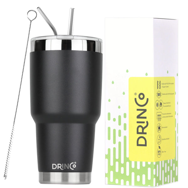 DRINCO® 30oz Insulated Tumbler | Spill Proof Lid w/2 Straws (Black)