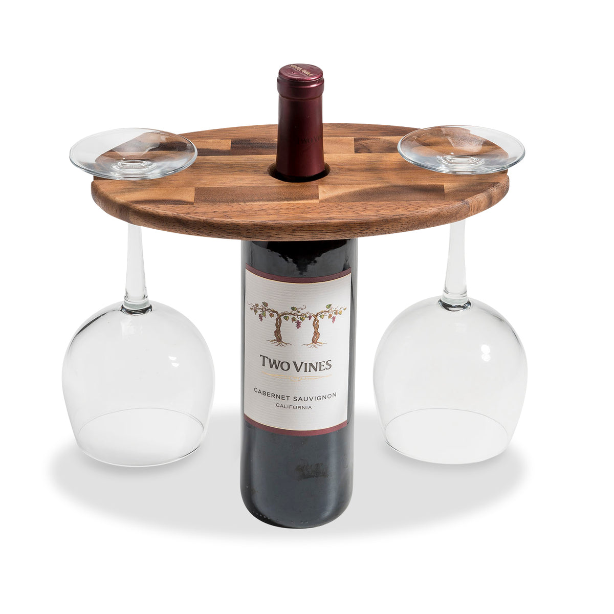 Acacia Wood Wine Bottle & Glass Holder For 2 Glasses | Portable