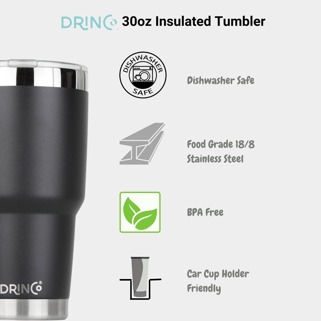DRINCO® 30oz Insulated Tumbler | Spill Proof Lid w/2 Straws (Black)