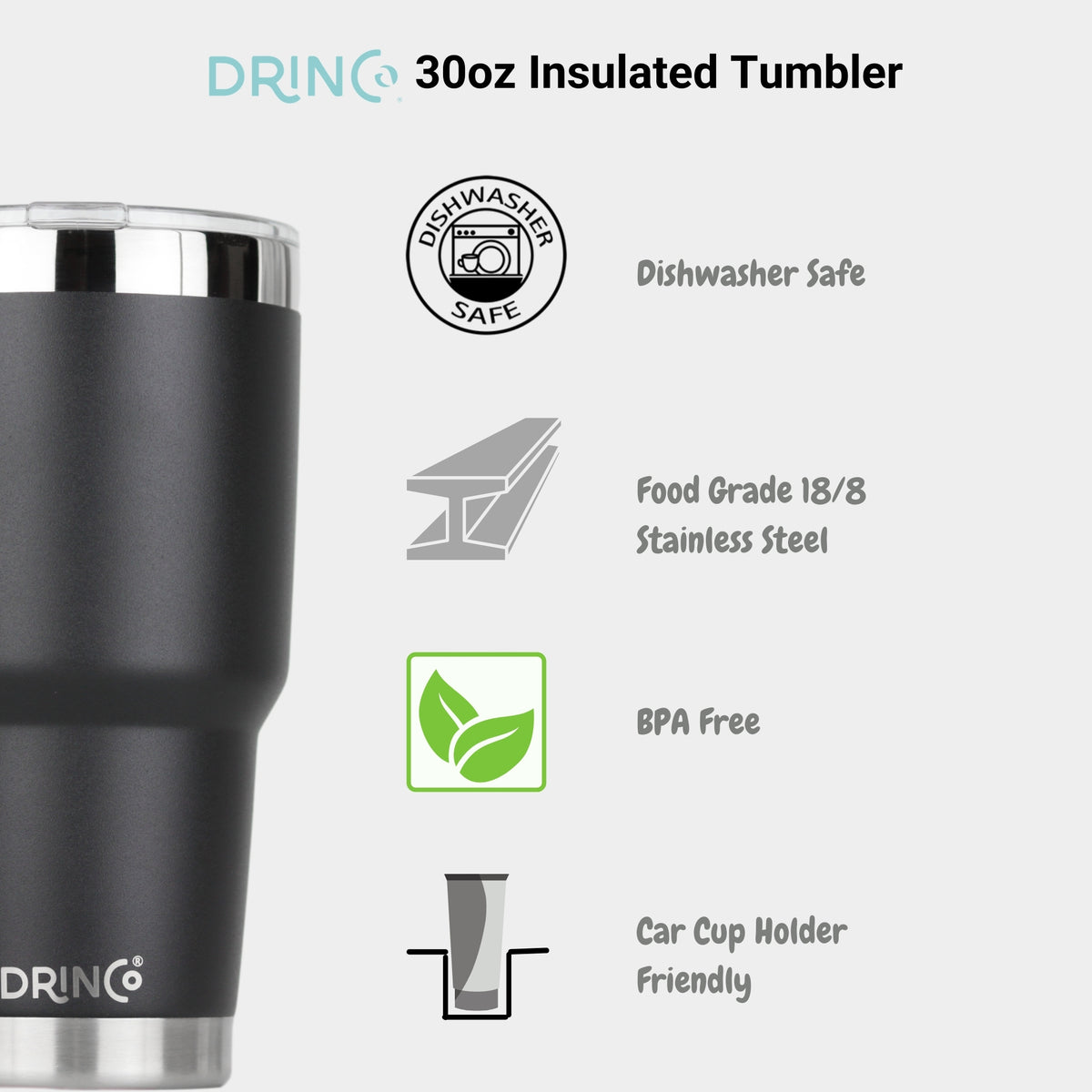 DRINCO® 30oz Insulated Tumbler | Spill Proof Lid w/2 Straws (Black)