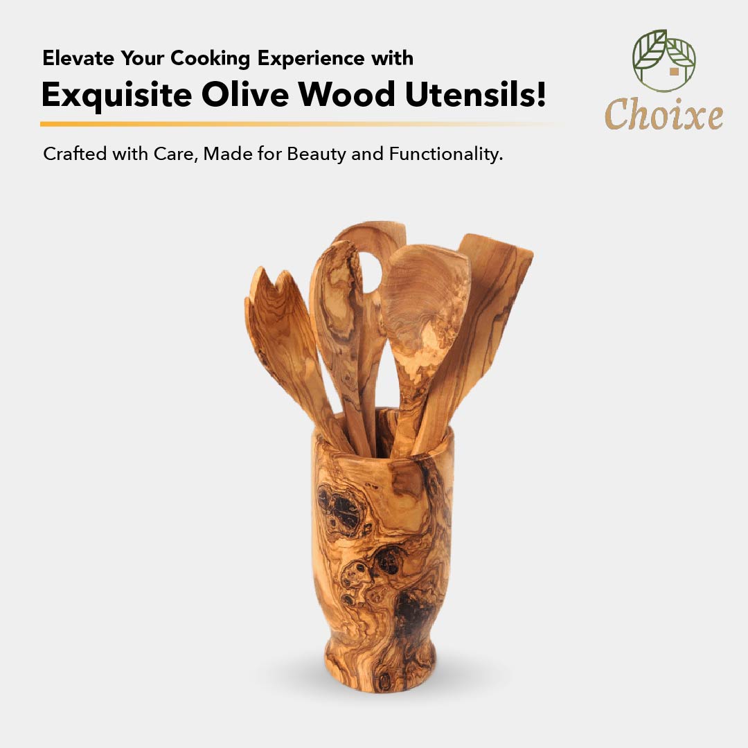 Olive Wood Kitchen Servers Set w/ Holder -6 Pcs